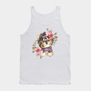 Cute Yorkshire Terrier Yorkie Puppy and Flowers Watercolor Art Tank Top